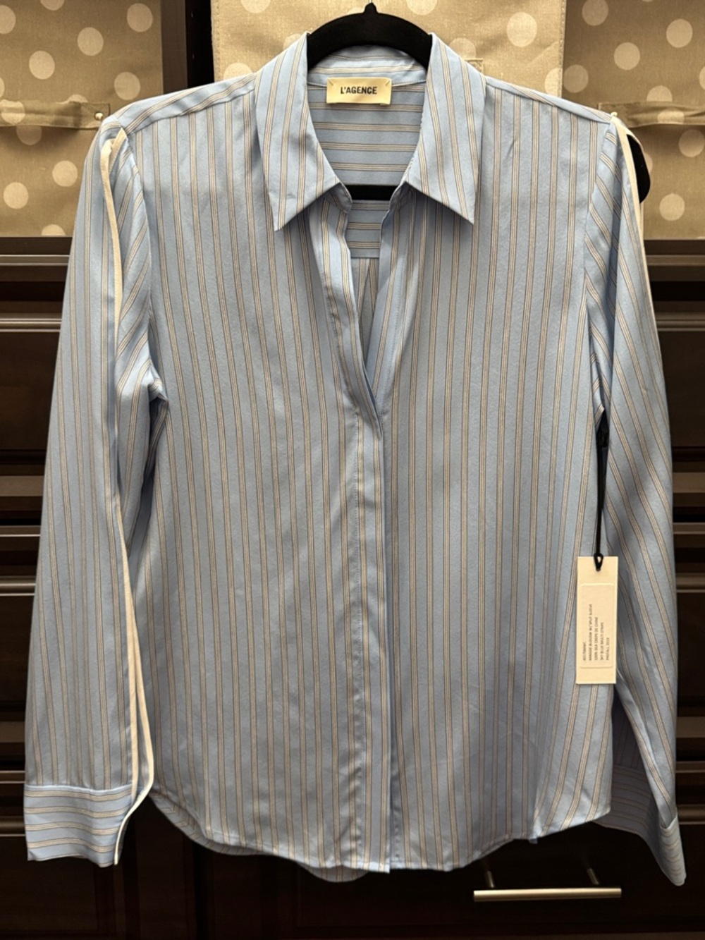 L'AGENCE Blue and White Striped Dress Shirt with split sleeve
